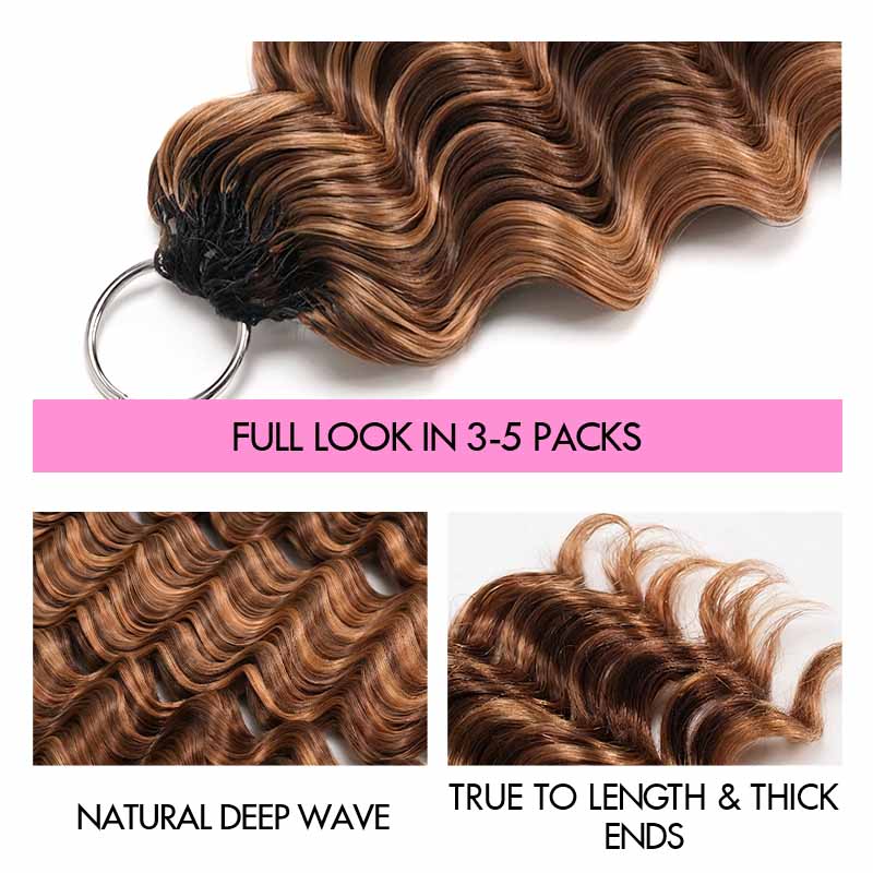 QVR Deep Wave Feather Crochet Human Hair Highlight #P4/27 Miracle Knots Crochet Weave Hair Extensions