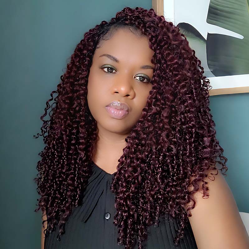 QVR Burmese Curly Feather Crochet Human Hair Dark Burgundy #99J Machine Made Crochet Weave Hair Extensions