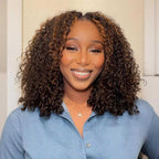 QVR Invisible Lace Edge Kinky Curly V Part Wigs Highlight #1B/30 No Leave Out Human Hair Wig