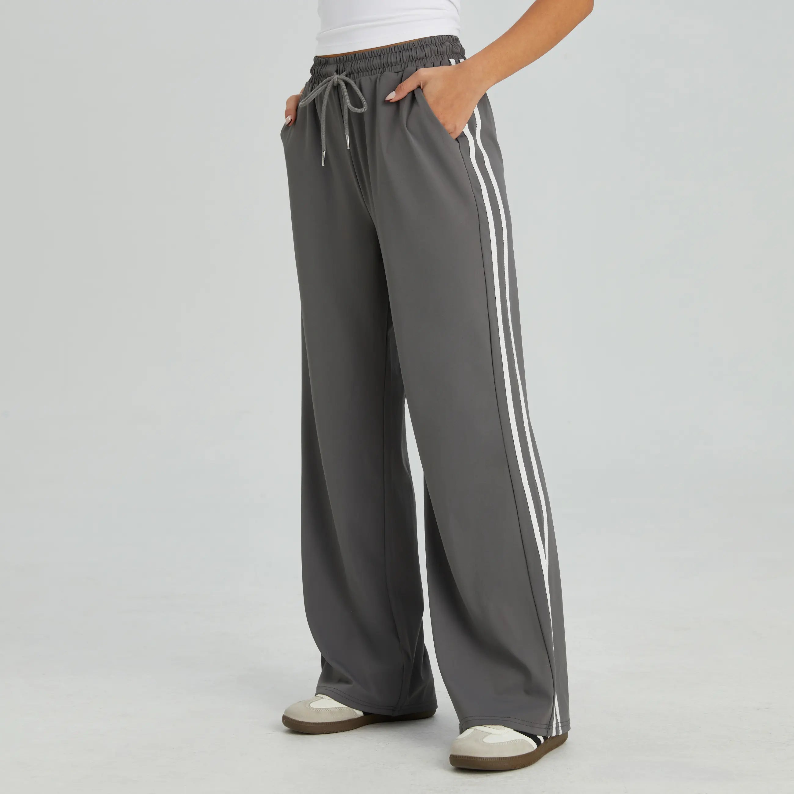 Women's Casual High Waist Striped Wide Leg Trousers, Sporty Drawstring Waist Side Pocket Outfit, Minimalist Versatile Women's Bottom