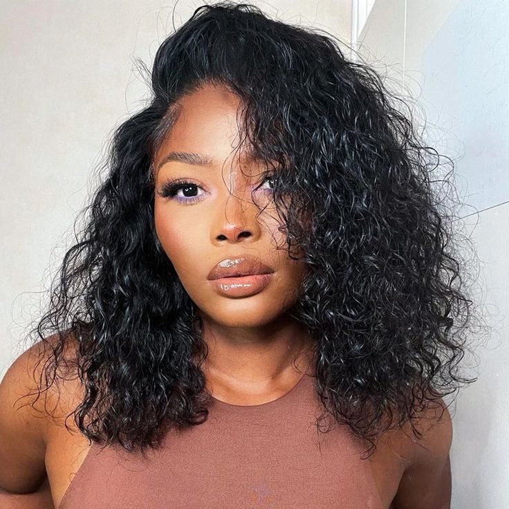 QVR Natural Black Side Part Water Wave Glueless T Part Lace Wigs Short Bob Wig