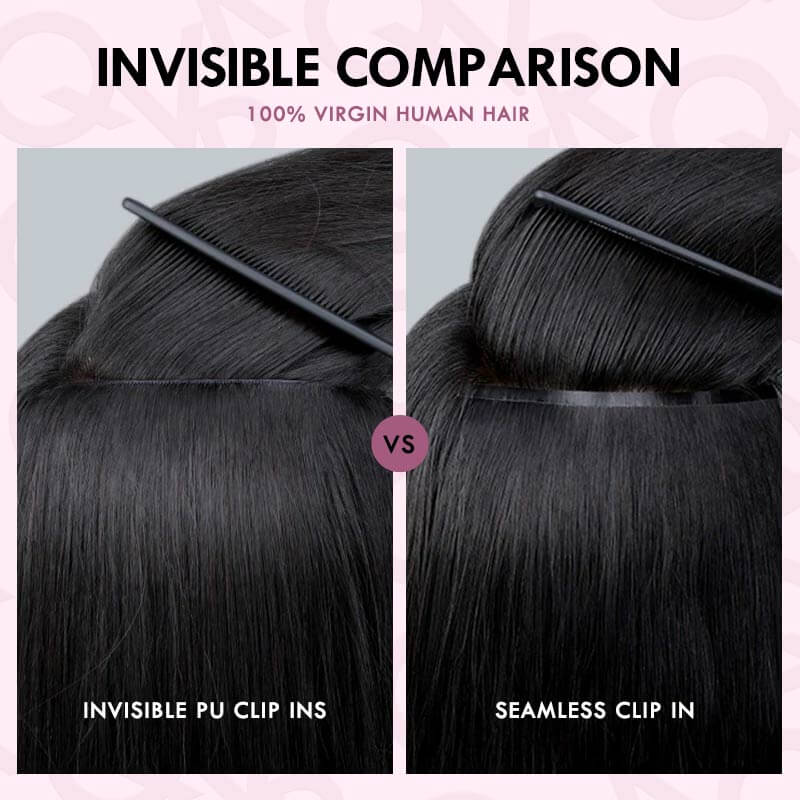 QVR Upgraded Invisible Edge 9PCS PU Clip Ins Extensions 5PCS Volumizer Natural Straight Seamless Clip In Human Hair