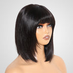 QVR Silk Straight 99J Color Machine Made Bob Wig With Bangs Straight Human Hair Wigs No Lace
