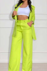 Solid Color Long Sleeve Blazer Wide Leg Pants Matching Set-Pink