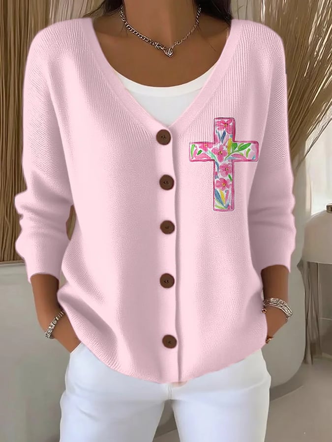 Women's Casual Pink Faith Art Print Cardigan