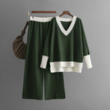 Casual V-Neck Contrast Top & Wide-Leg Pants Two-Piece Set