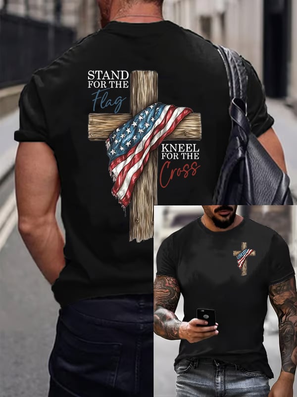 Men's Stand For The Flag Kneel For The Cross Printed Casual T-Shirt