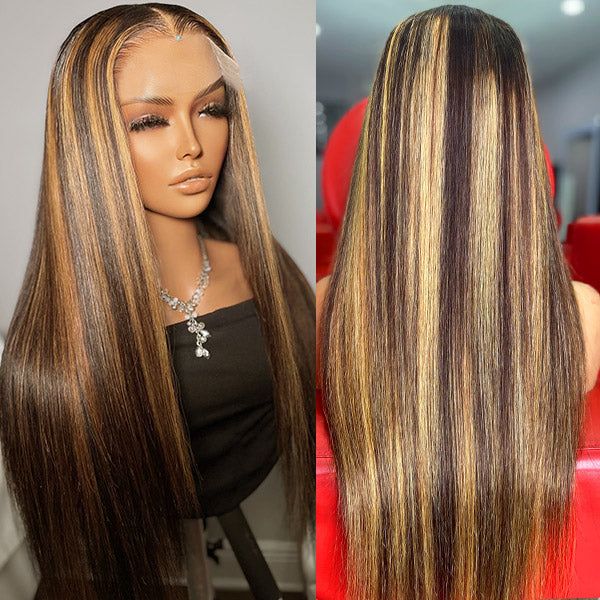 QVR Gluless Pre-cut 13x4 HD Lace Frontal Human Hair Wigs Straight Piano Highlight Brown Wear & Go Wigs