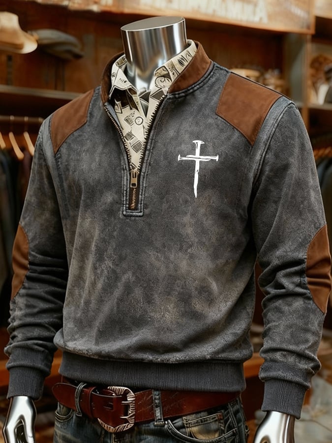 Men'S Western Distressed Hot Print 1/4 Zipper Stand Collar Long Sleeve Sweatshirt