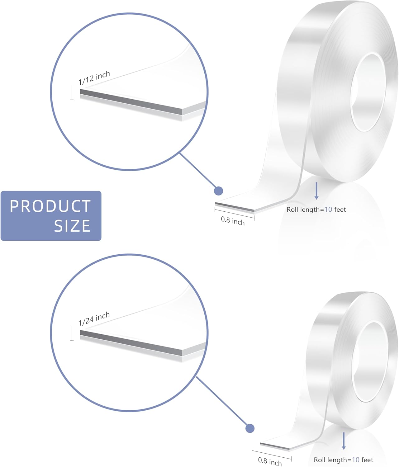2 Rolls Double Sided Tape Heavy Duty, Clear Nano Tape, 0.8'' x 120'' Two Sided Mounting Adhesive for Walls Posters Carpet, Removable Space Gel Strip, 1/12" & 1/24" Thick