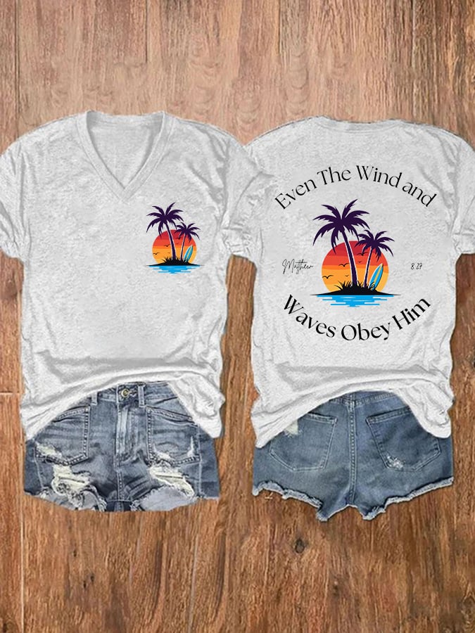 Women's Casual Western Christian Faith Bible Verse Double-Sided Printed V-Neck Short Sleeve T-Shirt