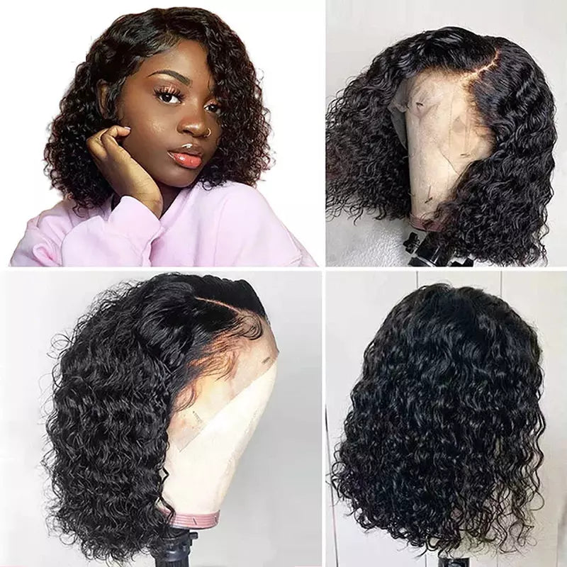 QVR Side Part Brazilian Human Hair Jerry Curly L Part Lace Front Bob Wig