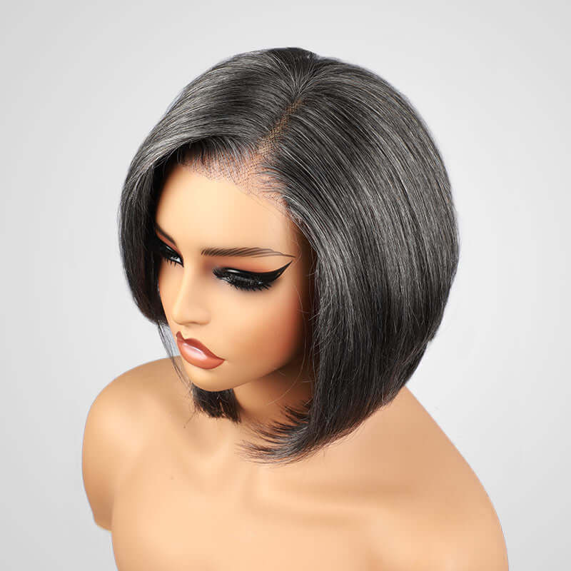 QVR Salt & Pepper Side Part Short Bob Wig Glueless 5X5 Lace Closure Wig
