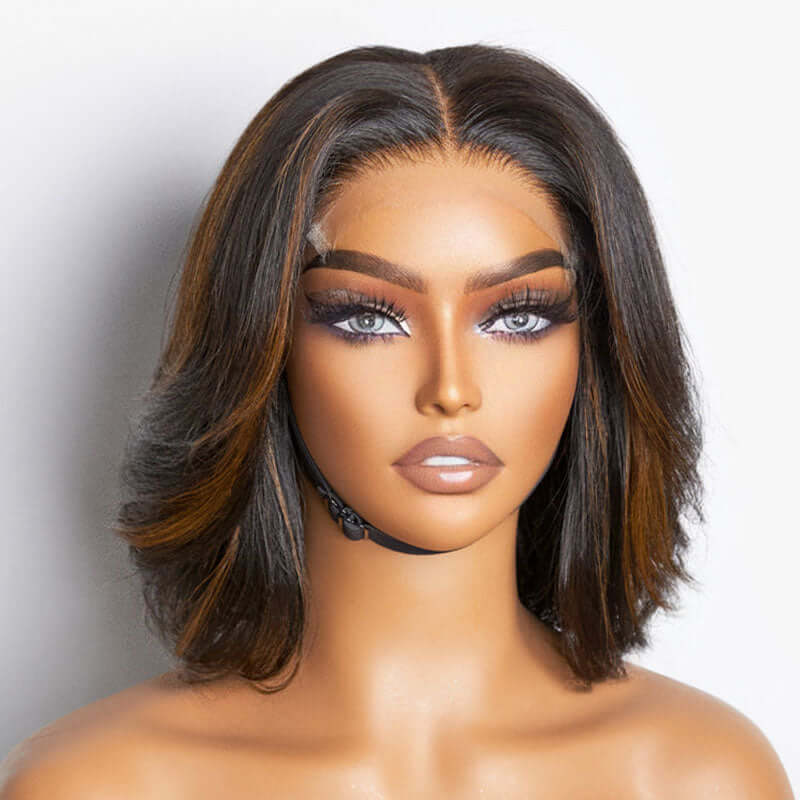 QVR Swoopy Layers Trim 5x5 Closure Stacked Bob Wig Brown Highlights Human Hair