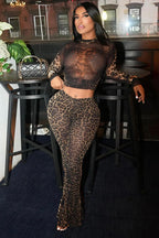 Leopard Sheer Mesh Crop & Flare Set