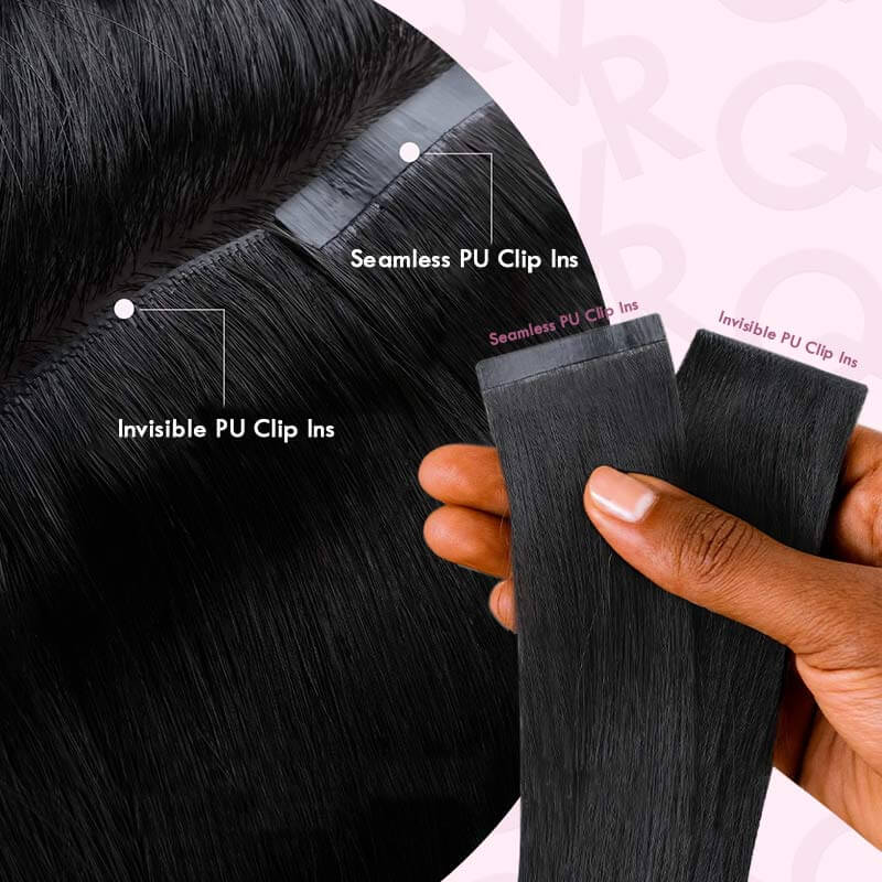 QVR Upgraded Invisible Edge 9PCS PU Clip Ins Extensions 5PCS Volumizer Natural Straight Seamless Clip In Human Hair