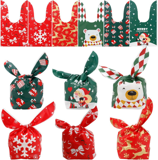 Christmas Treat Bags, 60Pcs Christmas Candy Bags, Small Plastic Gift Bags for Kids, Cute Rabbit Ear Cookies Snack Goody Popcorn Goodie Gift Bag for Winter Xmas Holiday Party Decoration Favor Supplies