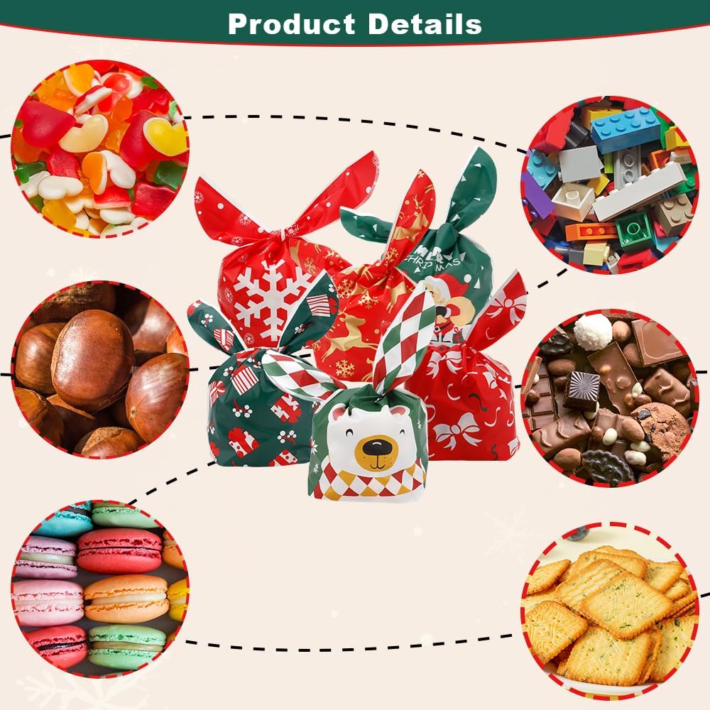 Christmas Treat Bags, 60Pcs Christmas Candy Bags, Small Plastic Gift Bags for Kids, Cute Rabbit Ear Cookies Snack Goody Popcorn Goodie Gift Bag for Winter Xmas Holiday Party Decoration Favor Supplies