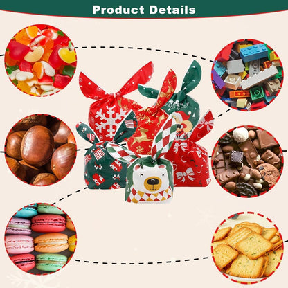 Christmas Treat Bags, 60Pcs Christmas Candy Bags, Small Plastic Gift Bags for Kids, Cute Rabbit Ear Cookies Snack Goody Popcorn Goodie Gift Bag for Winter Xmas Holiday Party Decoration Favor Supplies
