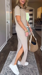 Women's Lapel Slit Long Casual Dress
