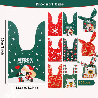 Christmas Treat Bags, 60Pcs Christmas Candy Bags, Small Plastic Gift Bags for Kids, Cute Rabbit Ear Cookies Snack Goody Popcorn Goodie Gift Bag for Winter Xmas Holiday Party Decoration Favor Supplies