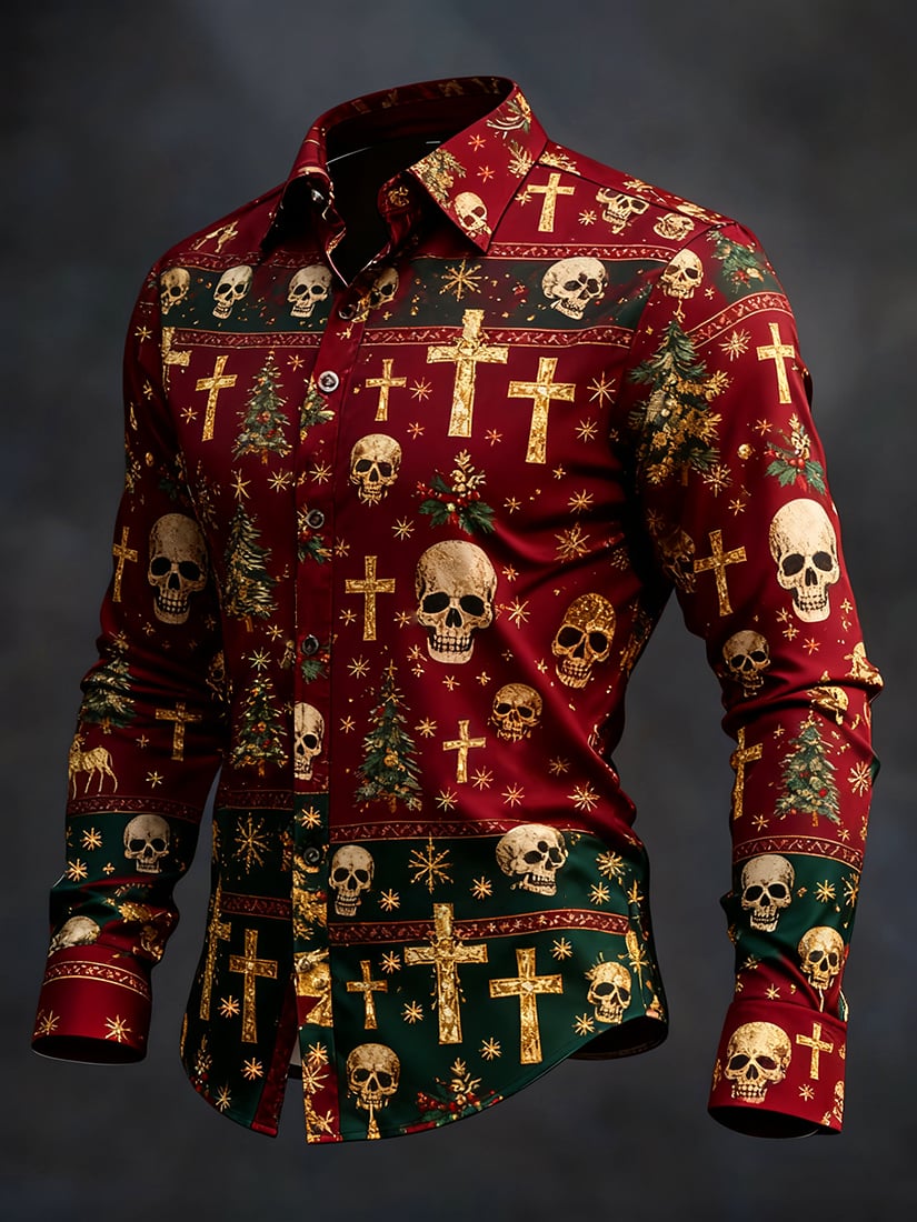 Men's Retro Cross Christmas Skull Long-Sleeve Shirt