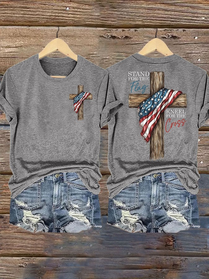 Women's STAND FOR THE FLAG, KNEEL FOR THE CROSS Print Casual T-shirt