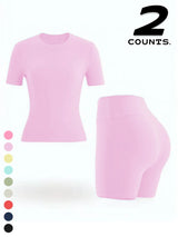 Women's Two-piece Set, Solid Color Tee & High Waist Skinny Shorts Tracksuit Set