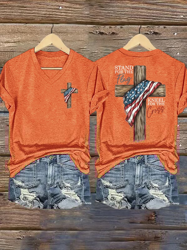 Women's Stand For The Flag Kneel For The Cross Printed Casual V-Neck T-Shirt