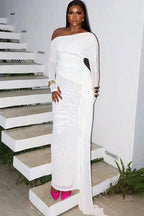 Mesh White One-Shoulder Maxi Dress