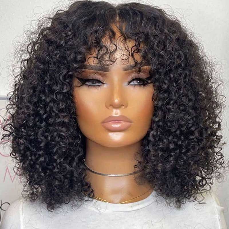 QVR 12A Grade Kinky Curly Wig Brazilian Human Hair Wigs With Bangs Full Machine Made Fringe Wigs