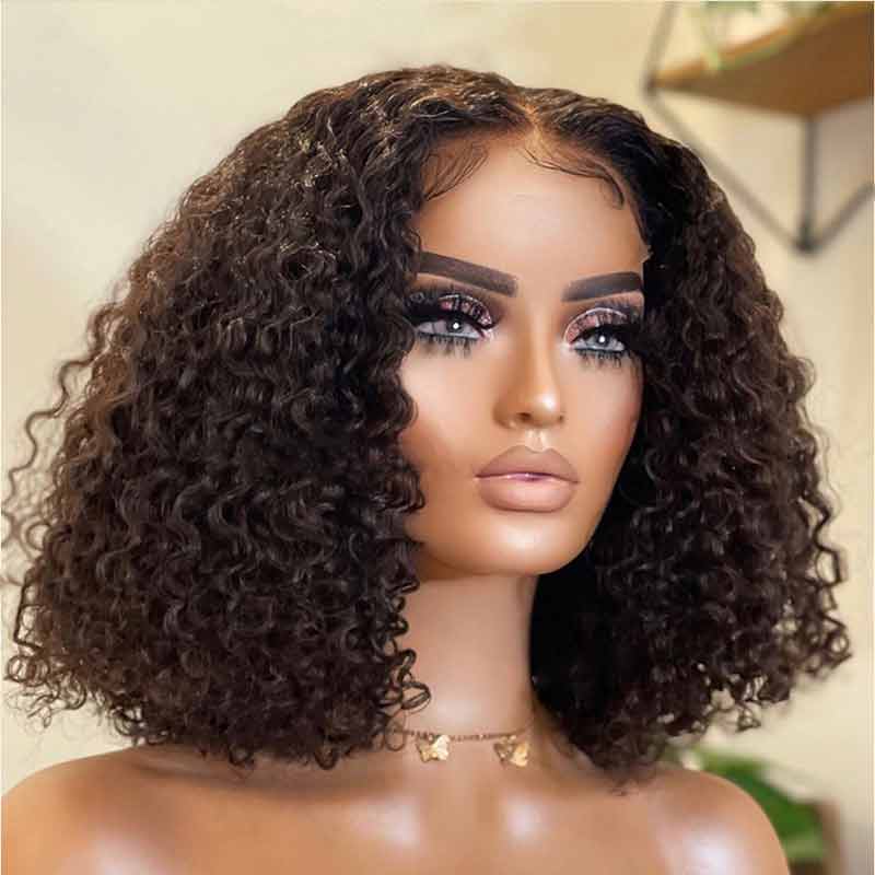 QVR Short Bob Wigs 4x4 Lace Closure Curly Bob Wigs Human Hair Wigs Natural Black