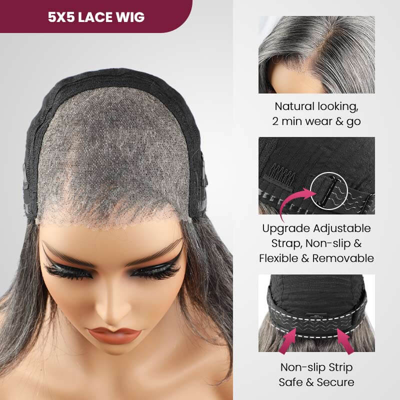 QVR Salt & Pepper Side Part Short Bob Wig Glueless 5X5 Lace Closure Wig