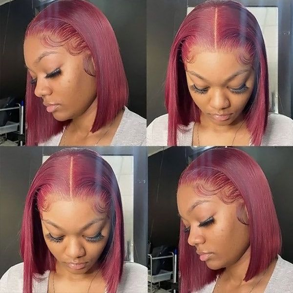 QVR 99J Burgundy Color T Lace Short Bob Wigs Straight Human Hair Wig 180% Lace Front Wigs