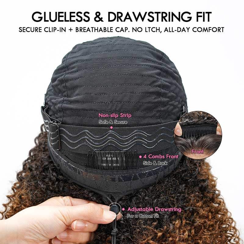 QVR Glueless Dark Brown Twist Curly Half Wig with Black Roots 250% Density Human Hair Wig #T1B/4 Wear Go Flip Over Wig