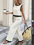 Women's Simple Colorblock Sleeveless Round Neck Top and High Waist Wide Leg Pants Set, Slimming Casual Comfortable for Daily Commute