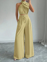 Women's Elegant Two-Piece Set, Irregular Crop Top & Wide-Leg Pants