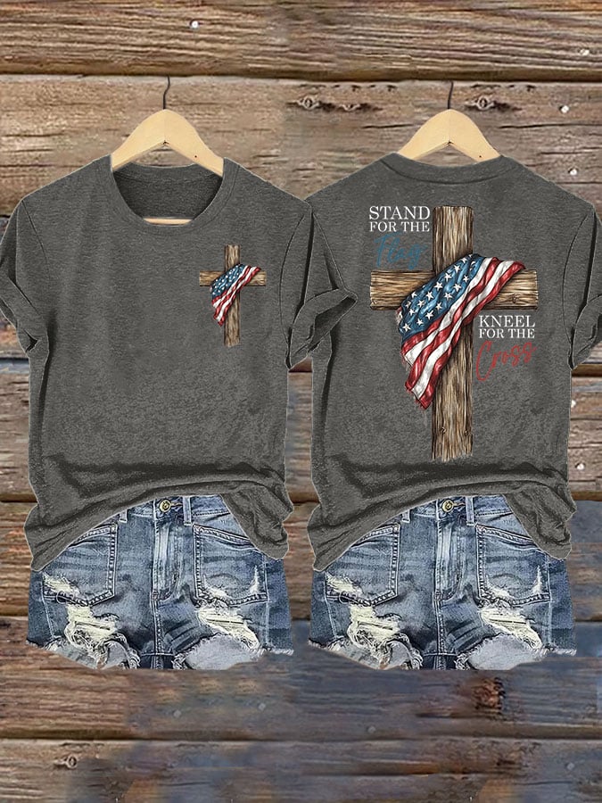 Women's STAND FOR THE FLAG, KNEEL FOR THE CROSS Print Casual T-shirt