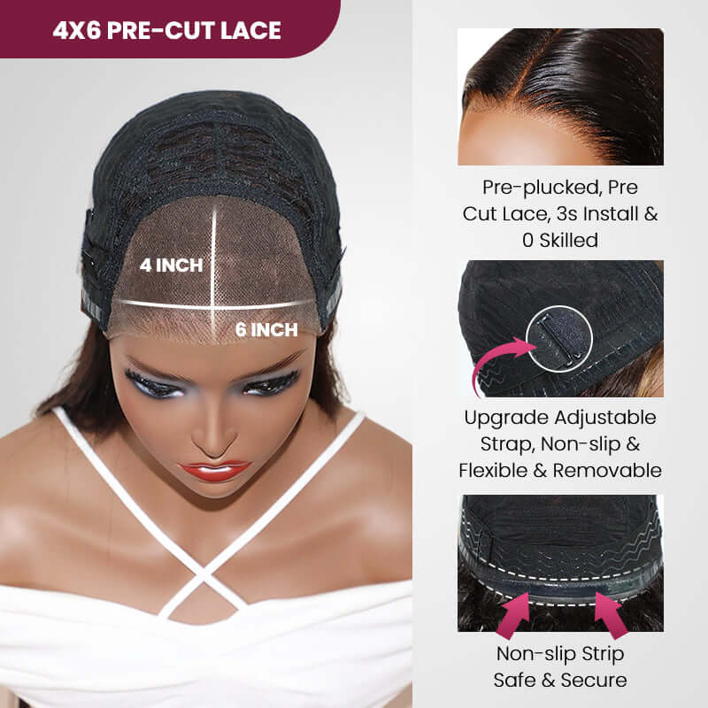 QVR Glueless Pre-cut 4x6 HD Lace Closure Human Hair Short Bob Wigs Straight Wear and Go Wigs