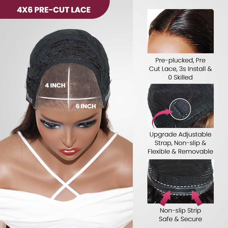 QVR Glueless Pre-cut 4x6 HD Lace Closure Human Hair Short Bob Wigs Body Wave Wear and Go Wigs
