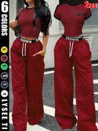 Hot-girl Style Contrast Binding Short Top and Letter Tape Wide Leg Pants, Women's Black & White Two-piece Set