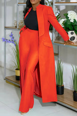 Turndown Collar Solid Color Long Blazer High Waist Pants 2pcs Set-Green