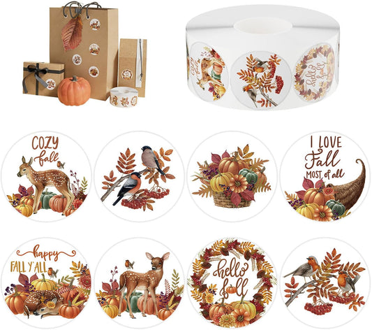 Hello Fall Sticker Roll 500Pcs 1.5" Pumpkins Maple Leaves Deers Birds Self-Adhesive Round Decals Designs Envelope Seals Label for Autumn Party Supplies Gift Packing Decoration