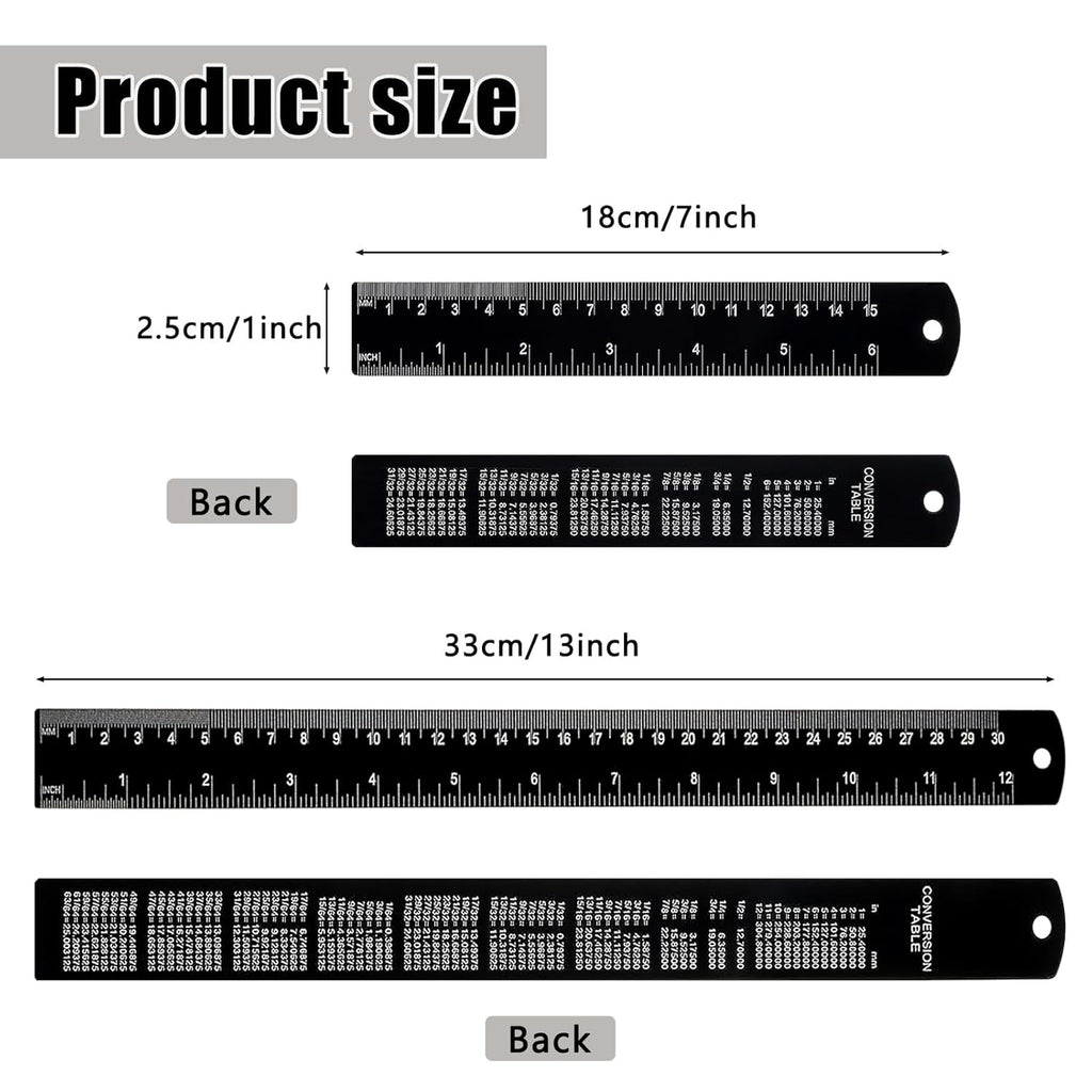 2 Pack Metal Ruler Set (6" and 12"), Dual Scale Metric & Imperial Metal Straight Rulers Kit, 300mm+150mm with Millimeters-Inches Conversion Table for Student School Measuring Office Drafting Tools