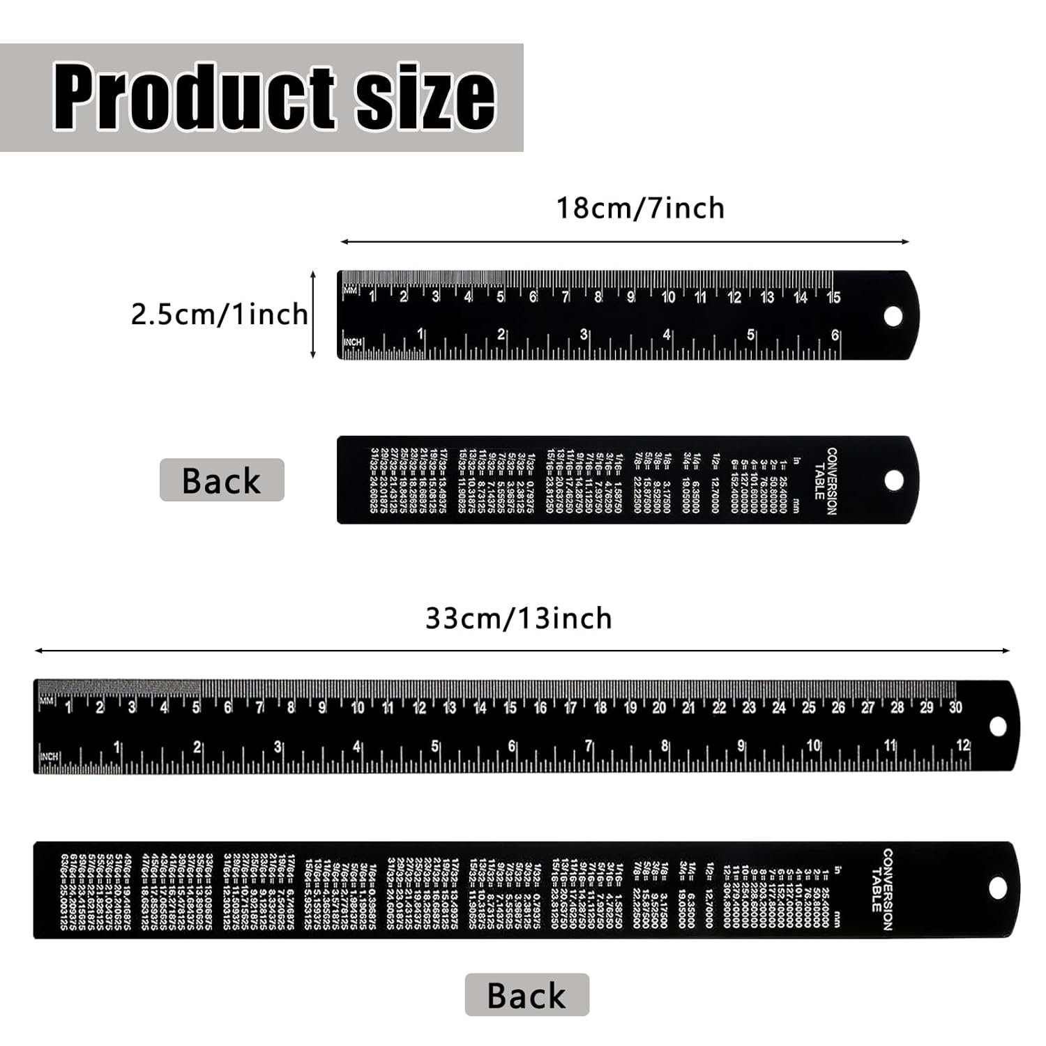 2 Pack Metal Ruler Set (6" and 12"), Dual Scale Metric & Imperial Metal Straight Rulers Kit, 300mm+150mm with Millimeters-Inches Conversion Table for Student School Measuring Office Drafting Tools