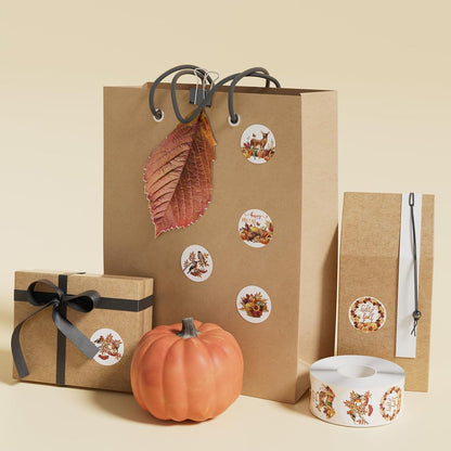 Hello Fall Sticker Roll 500Pcs 1.5" Pumpkins Maple Leaves Deers Birds Self-Adhesive Round Decals Designs Envelope Seals Label for Autumn Party Supplies Gift Packing Decoration