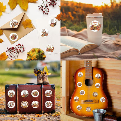 Hello Fall Sticker Roll 500Pcs 1.5" Pumpkins Maple Leaves Deers Birds Self-Adhesive Round Decals Designs Envelope Seals Label for Autumn Party Supplies Gift Packing Decoration