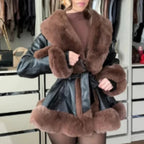 Women's coat made of faux leather with faux fur collar