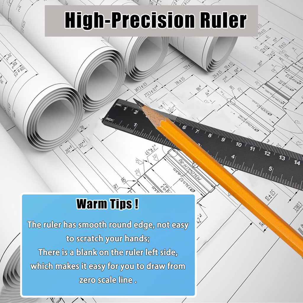 2 Pack Metal Ruler Set (6" and 12"), Dual Scale Metric & Imperial Metal Straight Rulers Kit, 300mm+150mm with Millimeters-Inches Conversion Table for Student School Measuring Office Drafting Tools