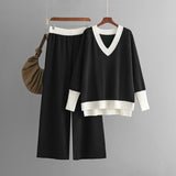 Casual V-Neck Contrast Top & Wide-Leg Pants Two-Piece Set